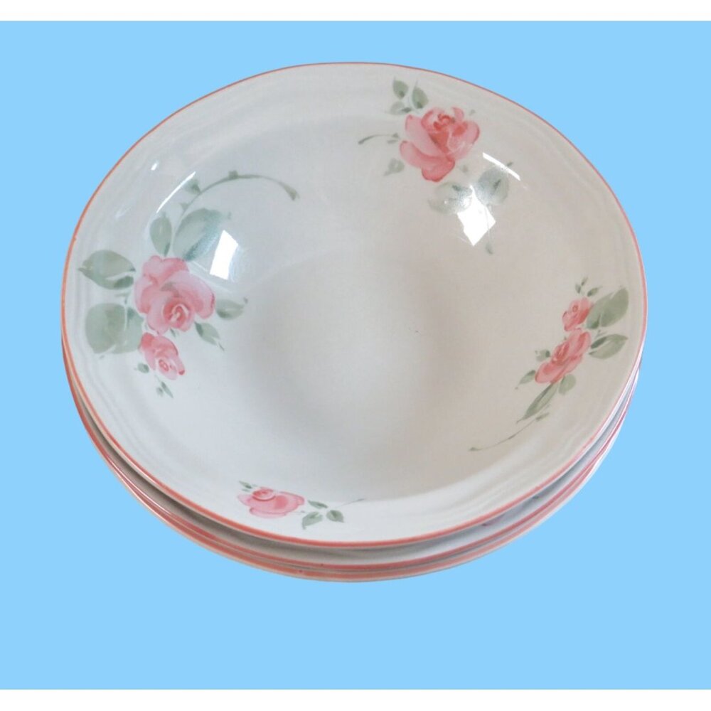 Gibson Vintage Floral Ceramic Bowls With Pink Roses & Green Leaves Set Of 3